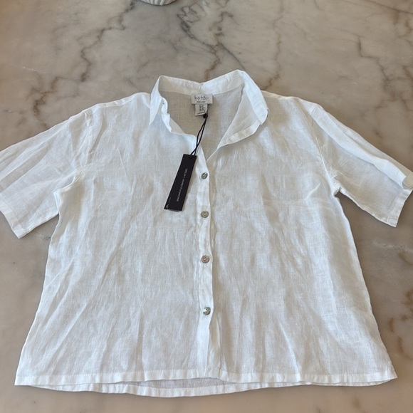 Nicole Miller White 100% Linen Button Down Shirt Short Sleeveless Loose Fit Sz S - Picture 6 of 12